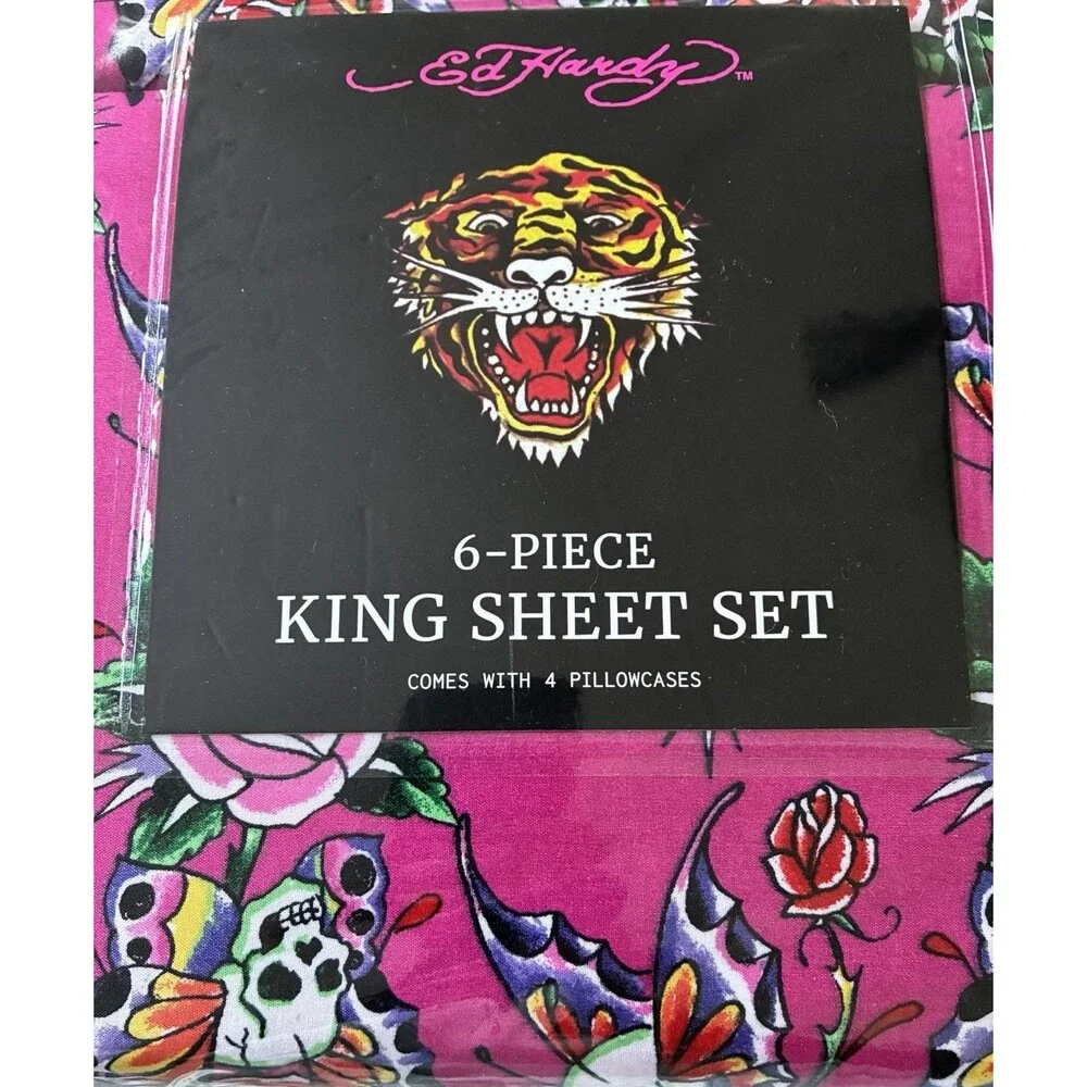 Ed Hardy King Sheet Set Pink Skull Rose Butterfly 6 Piece 4 Pillowcases New